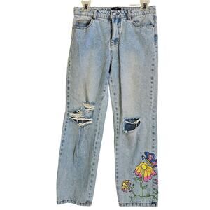 Forever 21 Kids Jeans Size 13/14 Floral Moon and Sun Accents Light Wash